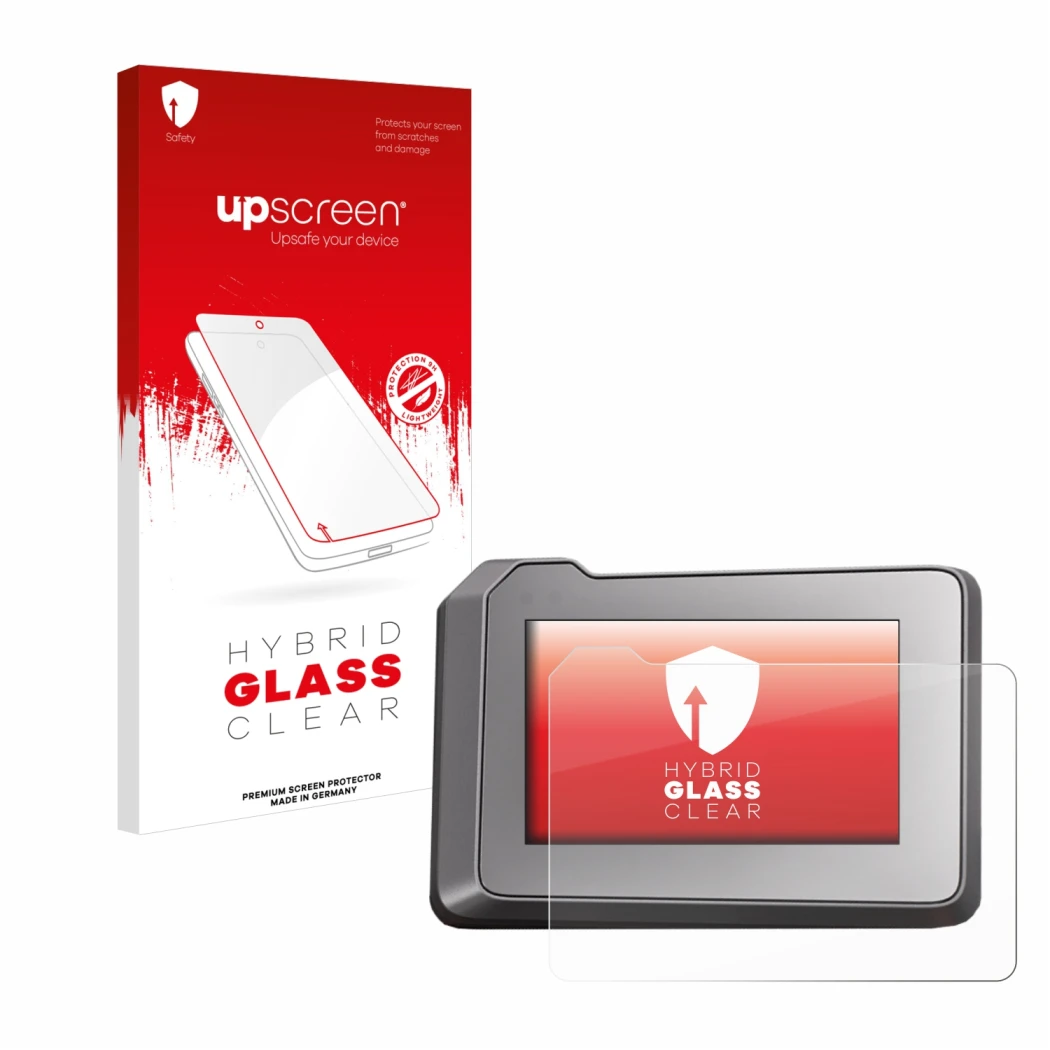 Vorderseite einer Produktverpackung mit dem Markenlogo upscreen. Daneben ist das Gerät KTM 1290 Super Duke R 2022 TFT-Display