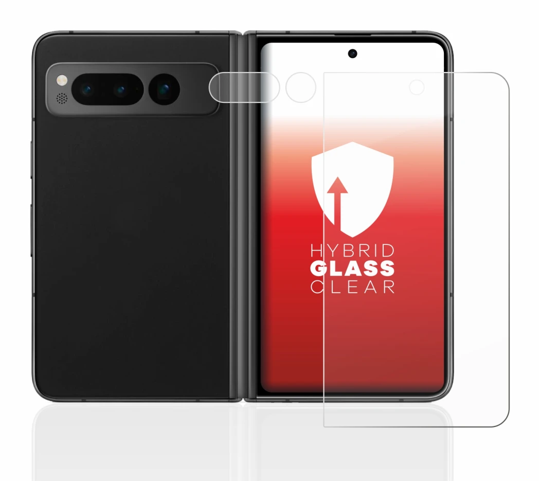 Abbildung des Geräts Google Pixel Fold (Display+Kamera) mit einer Vielzahl des Displayschutzes.