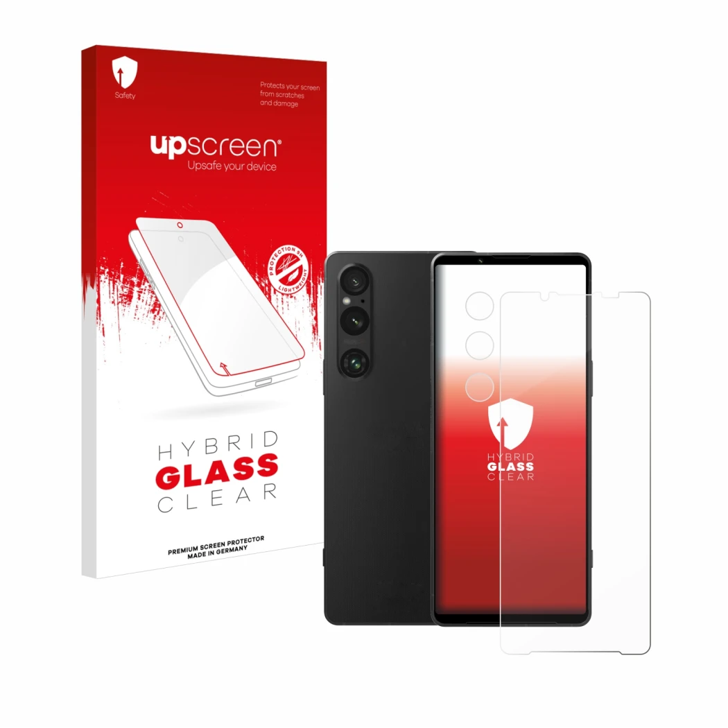 Vorderseite einer Produktverpackung mit dem Markenlogo upscreen. Daneben ist das Gerät Sony Xperia 1 V (Display+Kamera) mit de