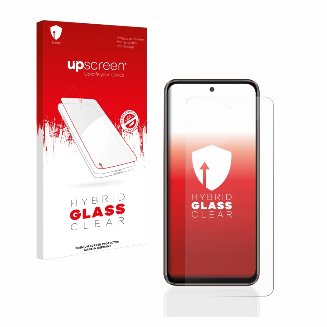 Vorderseite einer Produktverpackung mit dem Markenlogo upscreen. Daneben ist das Gerät HTC U23 Pro mit dem zugehörigen Display