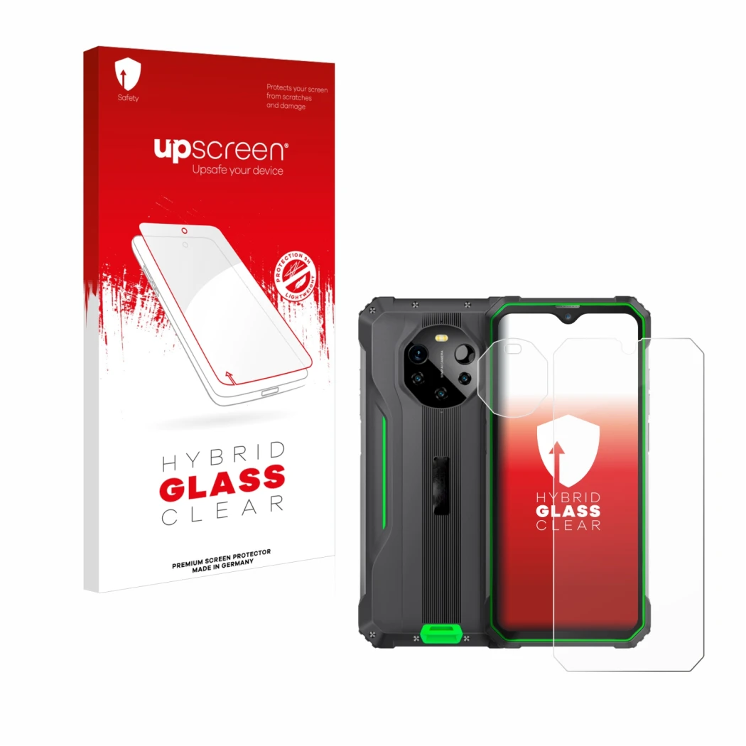 Vorderseite einer Produktverpackung mit dem Markenlogo upscreen. Daneben ist das Gerät Blackview BL8800 5G (Display+Kamera) mi