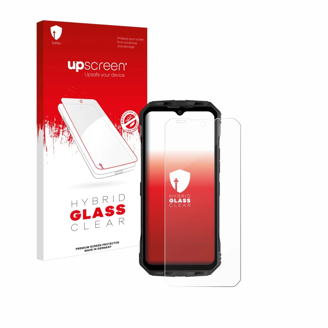 Vorderseite einer Produktverpackung mit dem Markenlogo upscreen. Daneben ist das Gerät Doogee V30 mit dem zugehörigen Displays