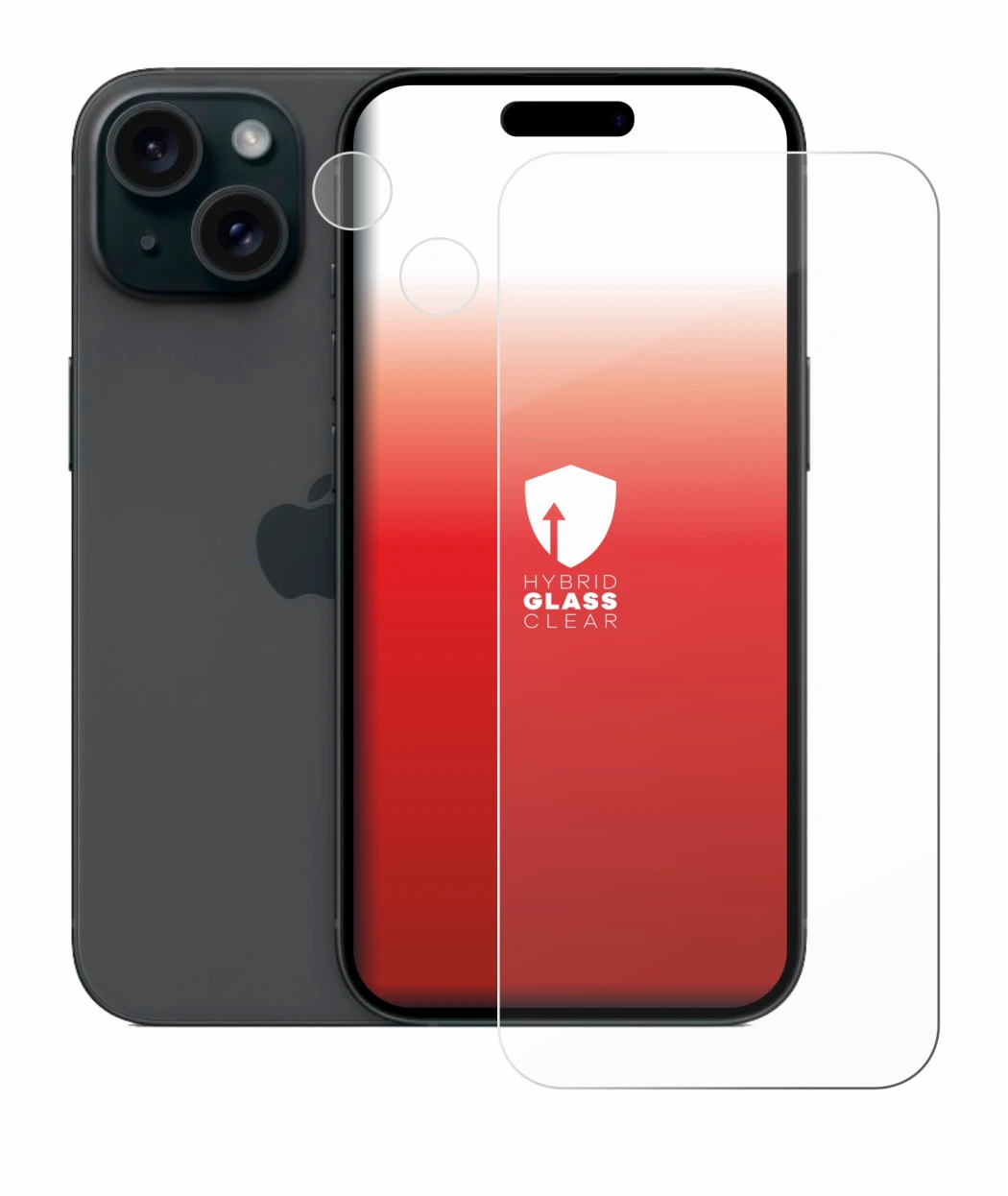 Abbildung des Geräts Apple iPhone 15 (Display+Kamera) mit einer Vielzahl des Displayschutzes.