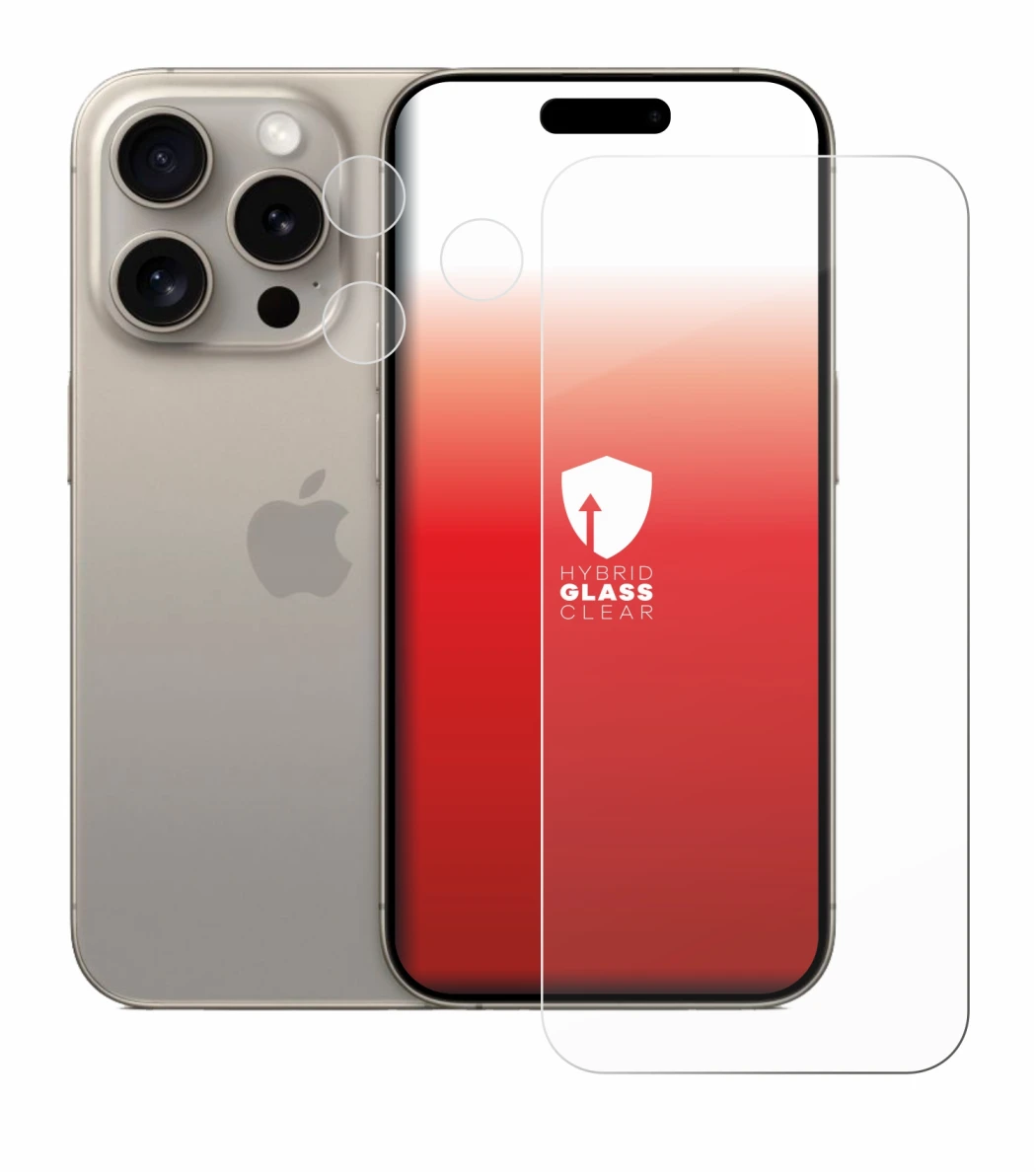 Abbildung des Geräts Apple iPhone 15 Pro (Display+Kamera) mit einer Vielzahl des Displayschutzes.