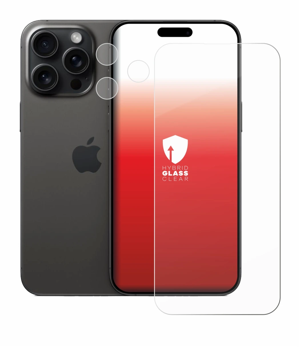 Abbildung des Geräts Apple iPhone 15 Pro Max (Display+Kamera) mit einer Vielzahl des Displayschutzes.