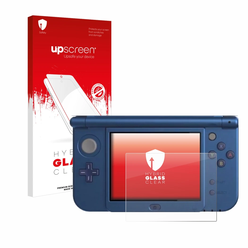 Vorderseite einer Produktverpackung mit dem Markenlogo upscreen. Daneben ist das Gerät Nintendo New 3DS XL (Unteres Display) m