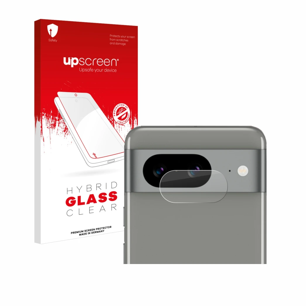 Vorderseite einer Produktverpackung mit dem Markenlogo upscreen. Daneben ist das Gerät Google Pixel 8 (NUR Kameraschutz) mit d