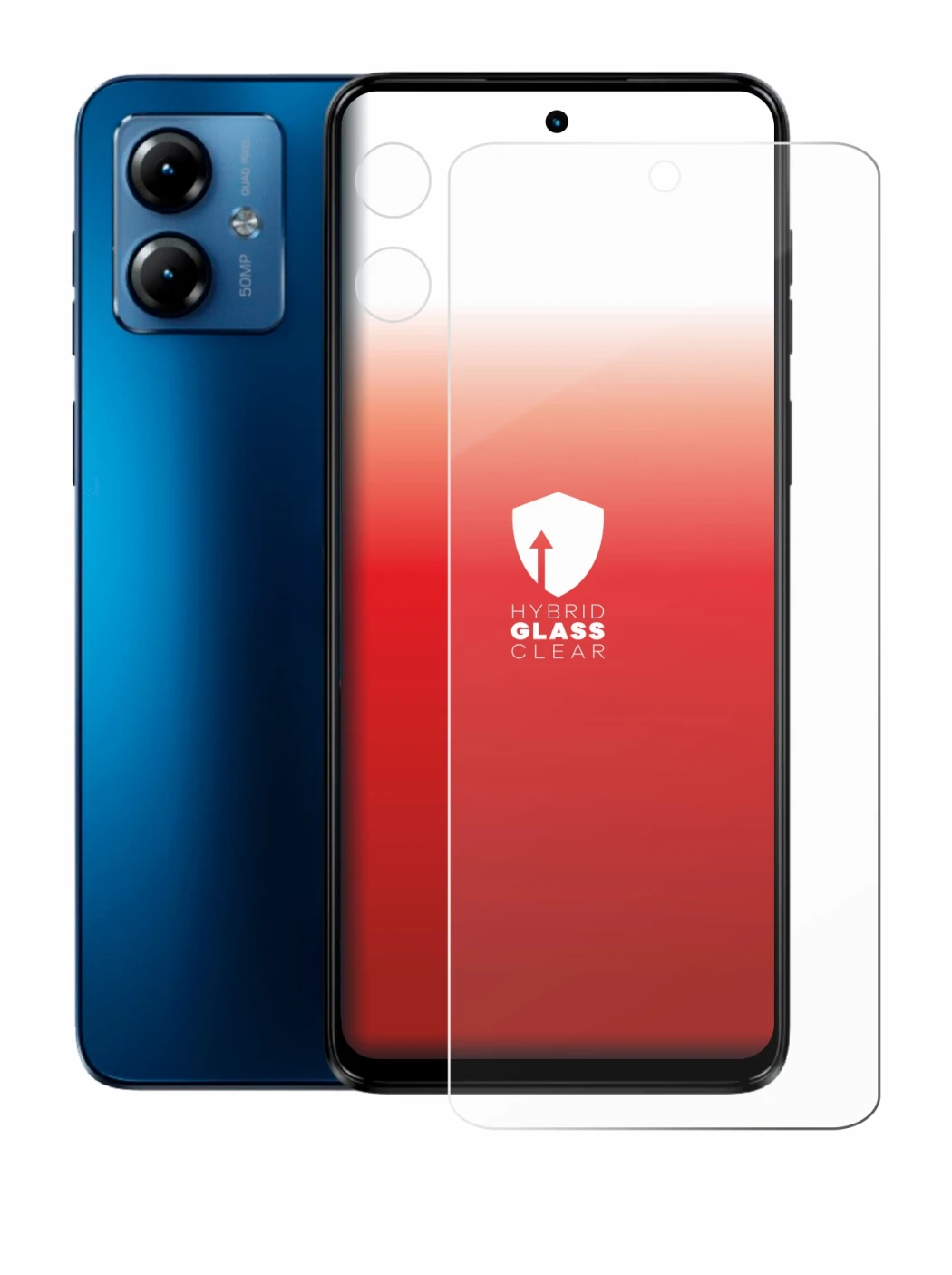 Abbildung des Geräts Motorola Moto G14 (Display+Kamera) mit einer Vielzahl des Displayschutzes.