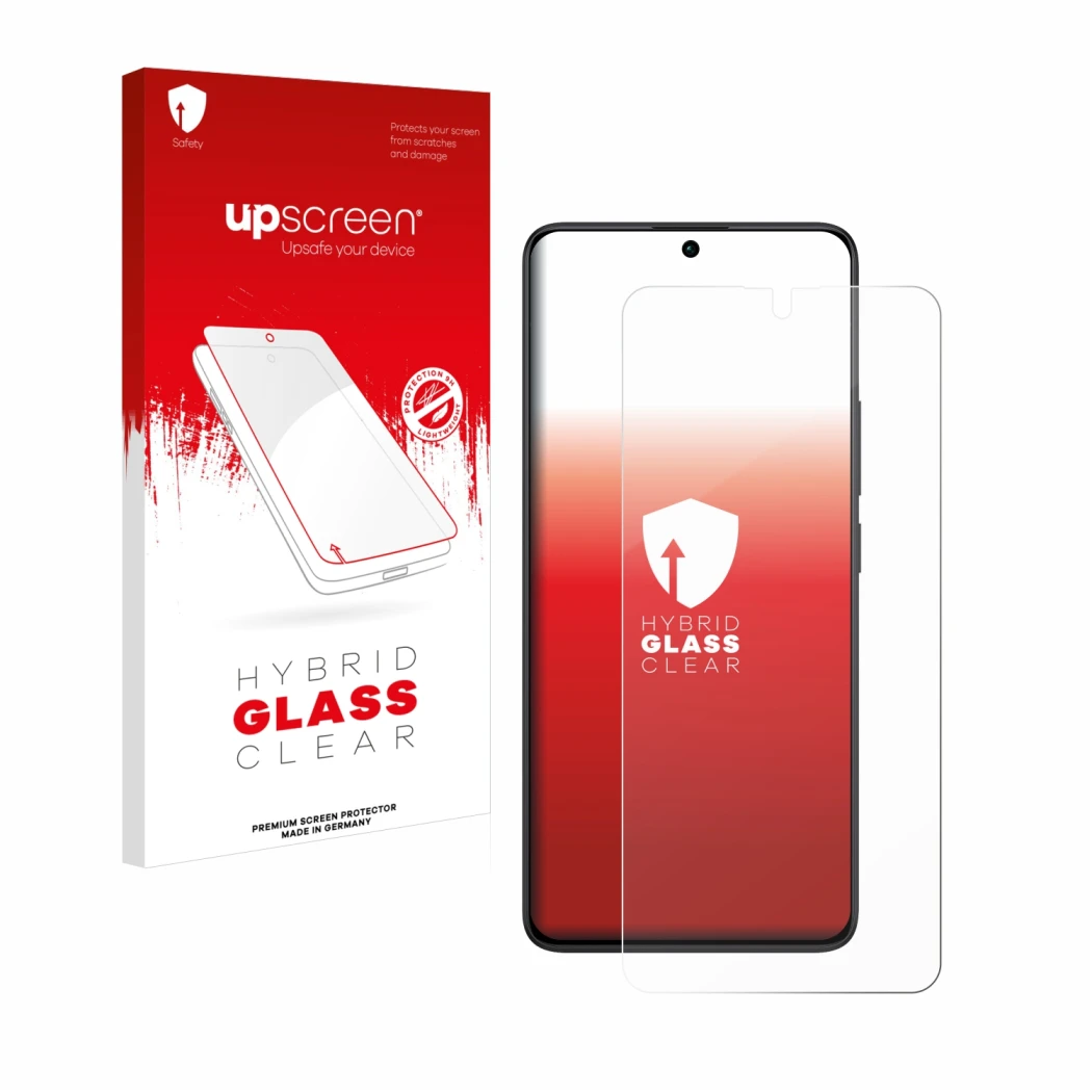Vorderseite einer Produktverpackung mit dem Markenlogo upscreen. Daneben ist das Gerät Xiaomi Redmi Note 13 Pro 5G mit dem zug