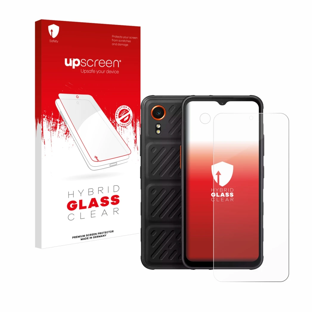 Vorderseite einer Produktverpackung mit dem Markenlogo upscreen. Daneben ist das Gerät Samsung Galaxy XCover 7 (Display+Kamera