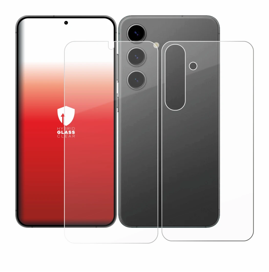 Abbildung des Geräts Samsung Galaxy S24 Plus (Display+Rückseite) mit einer Vielzahl des Displayschutzes.