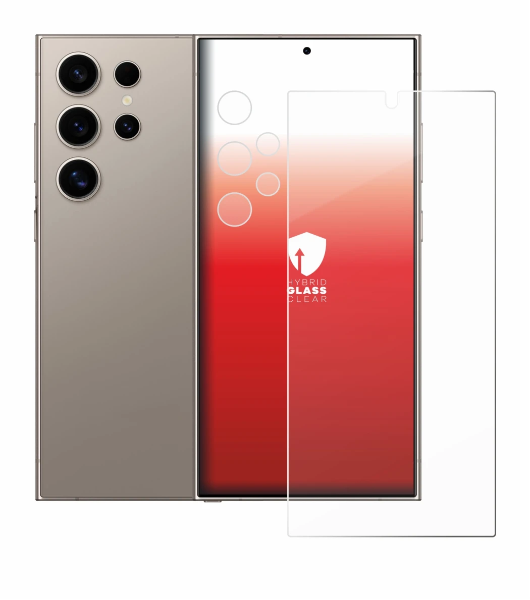 Abbildung des Geräts Samsung Galaxy S24 Ultra (case-friendly) (Display+Kamera) mit einer Vielzahl des Displayschutzes.