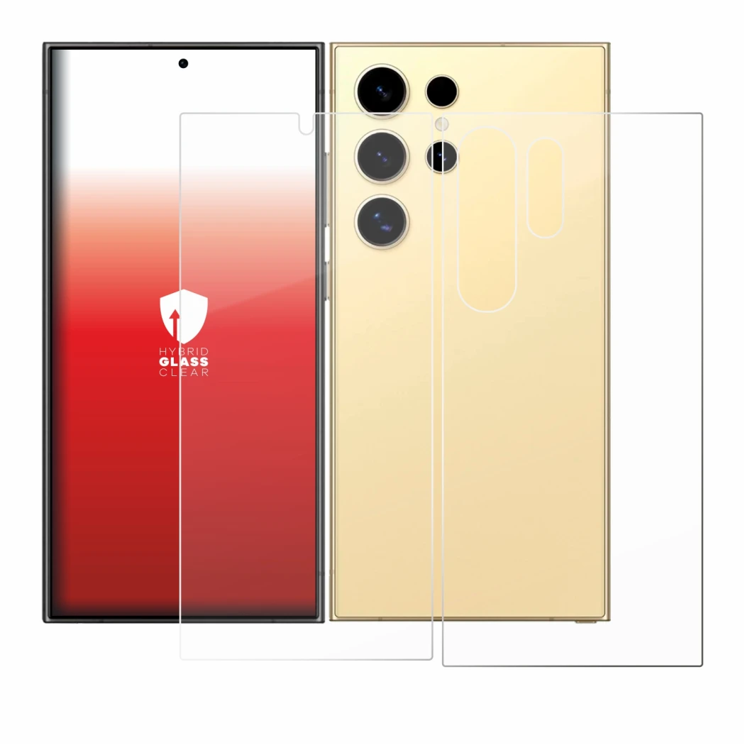 Abbildung des Geräts Samsung Galaxy S24 Ultra (case-friendly) (Display+Rückseite) mit einer Vielzahl des Displayschutzes.