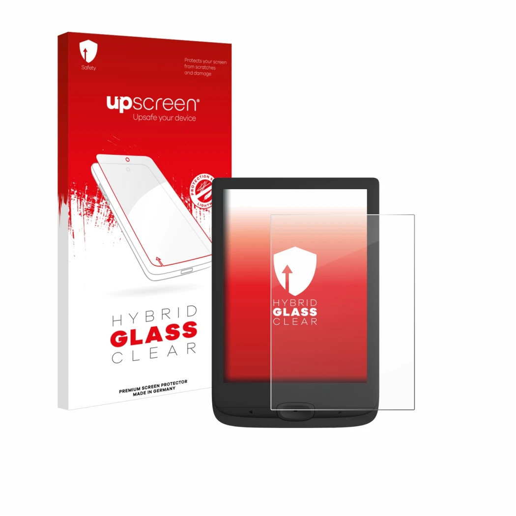 Vorderseite einer Produktverpackung mit dem Markenlogo upscreen. Daneben ist das Gerät PocketBook Basic Lux 4 mit dem zugehöri