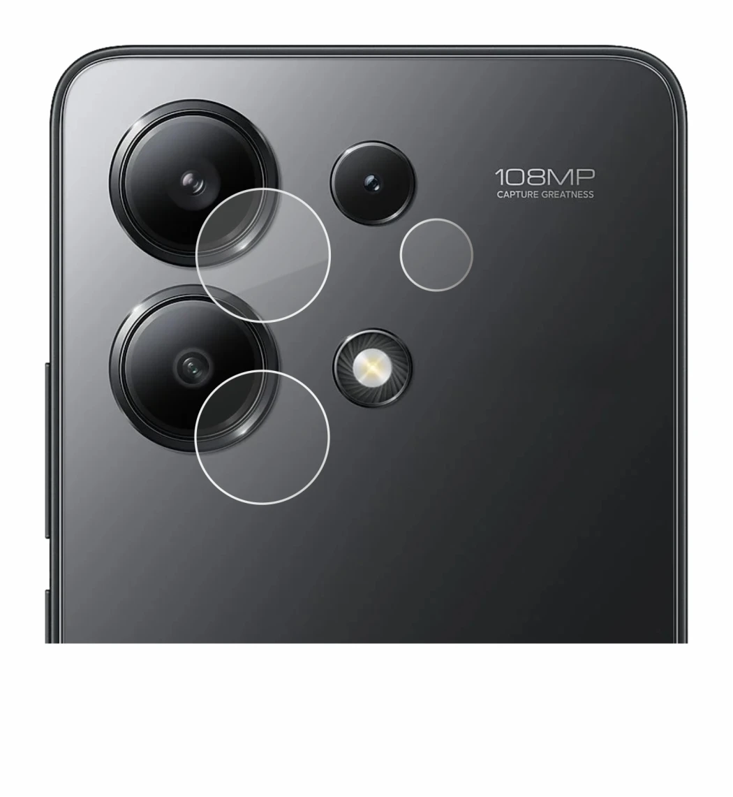 Abbildung des Geräts Xiaomi Redmi Note 13 (NUR Kameraschutz) mit einer Vielzahl des Displayschutzes.