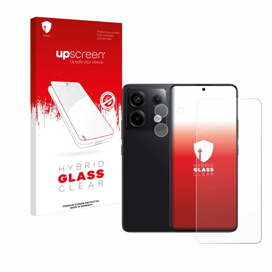 Vorderseite einer Produktverpackung mit dem Markenlogo upscreen. Daneben ist das Gerät Xiaomi Redmi Note 13 Pro 5G (Display+Ka