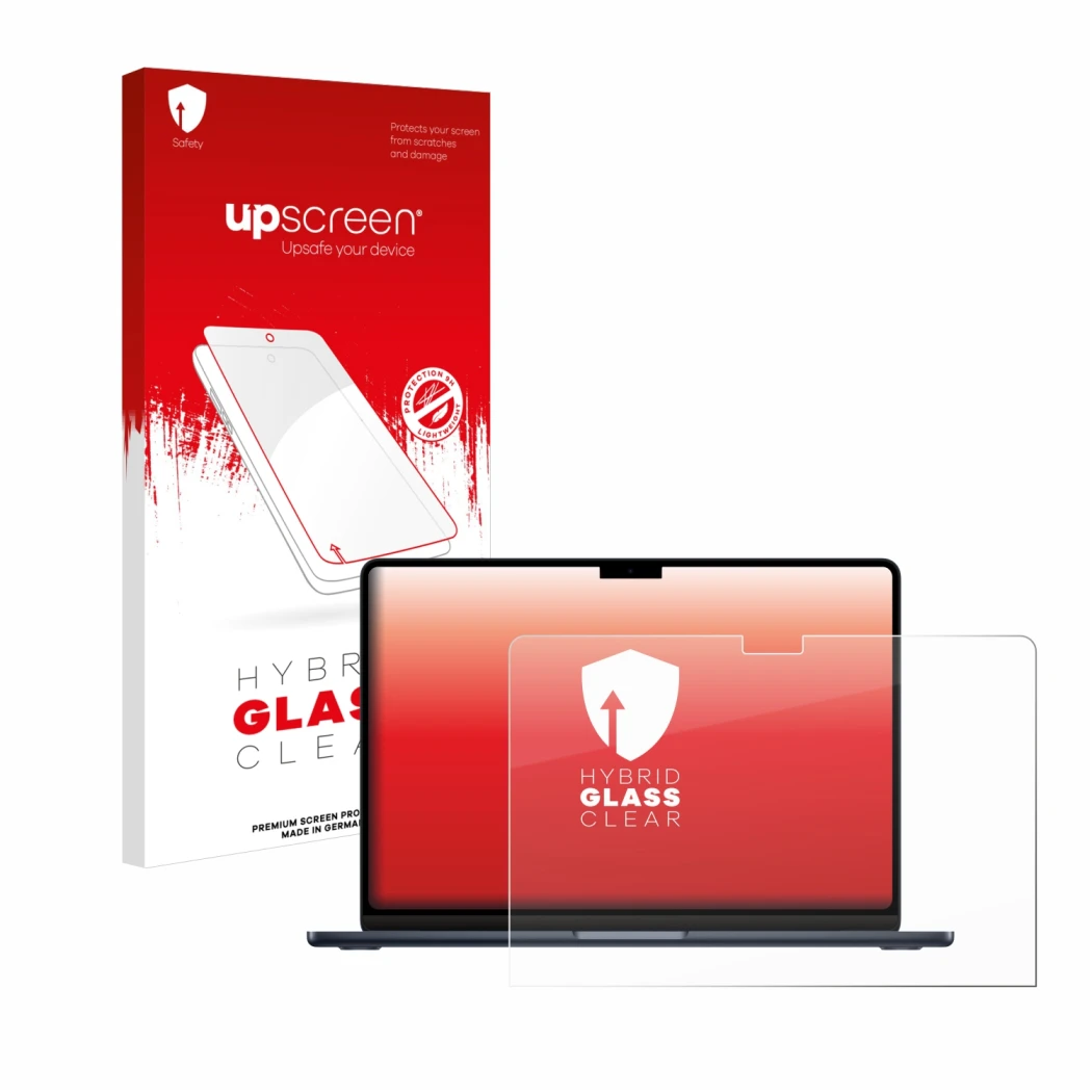 Vorderseite einer Produktverpackung mit dem Markenlogo upscreen. Daneben ist das Gerät Apple MacBook Air 13