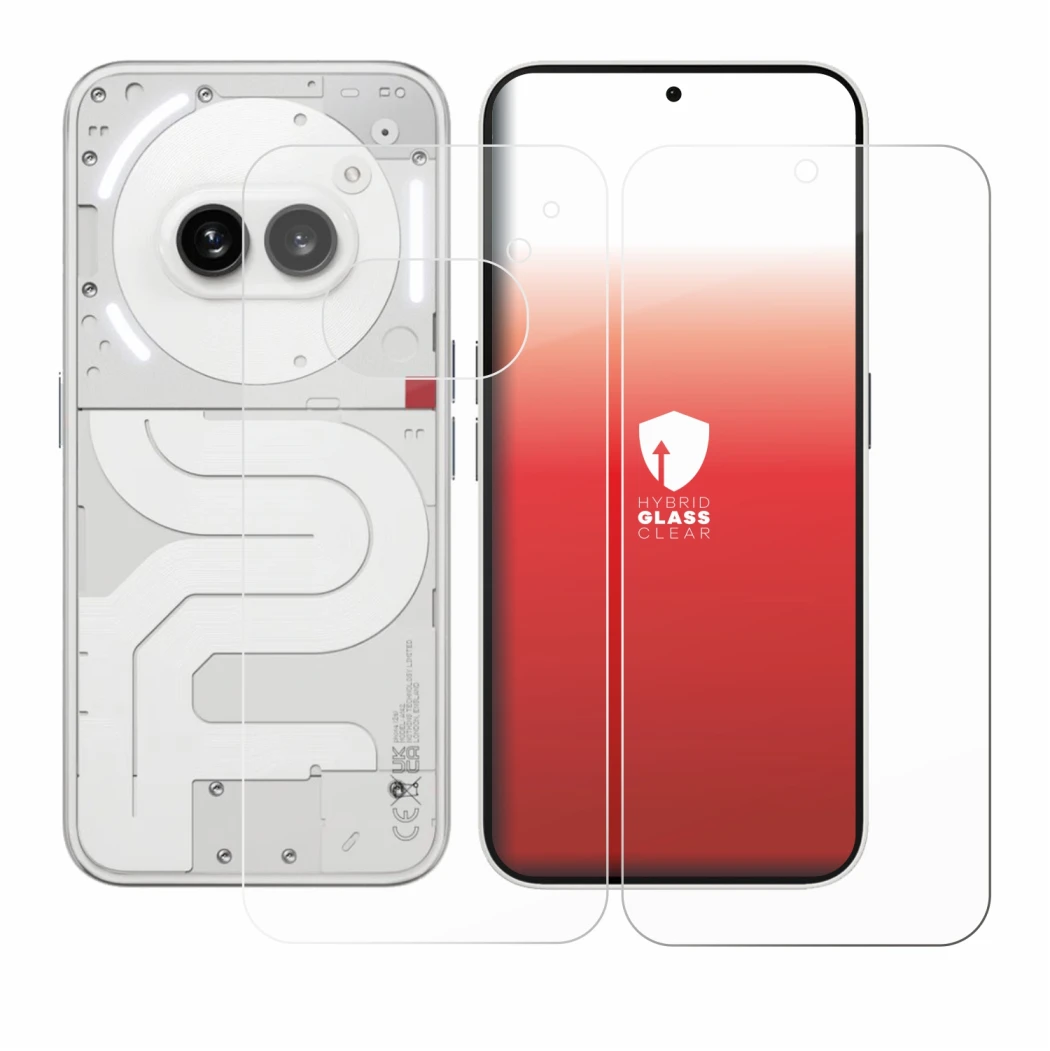 Abbildung des Geräts Nothing Phone (2a) (Display+Rückseite) mit einer Vielzahl des Displayschutzes.