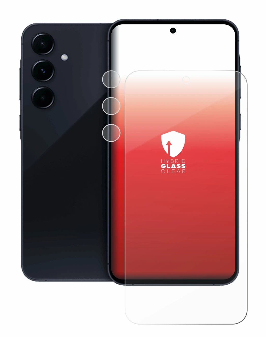 Abbildung des Geräts Samsung Galaxy A55 5G (Display+Kamera) mit einer Vielzahl des Displayschutzes.