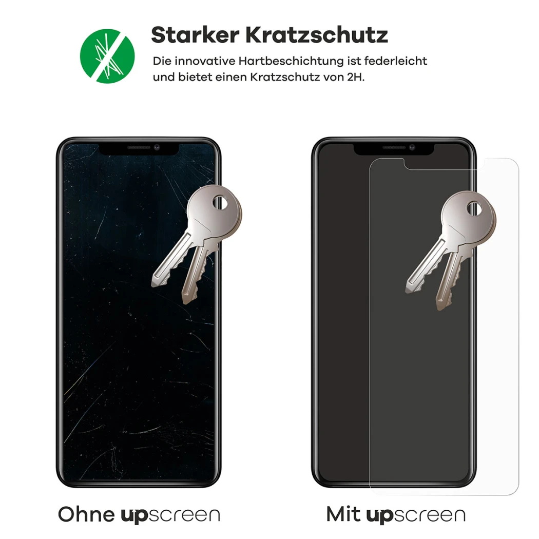 2 Geräte – eines mit upscreen, eines ohne. Zusätzlich sind je 2 Schlüssel abgebildet. Das Gerät ohne upscreen ist stark verkra