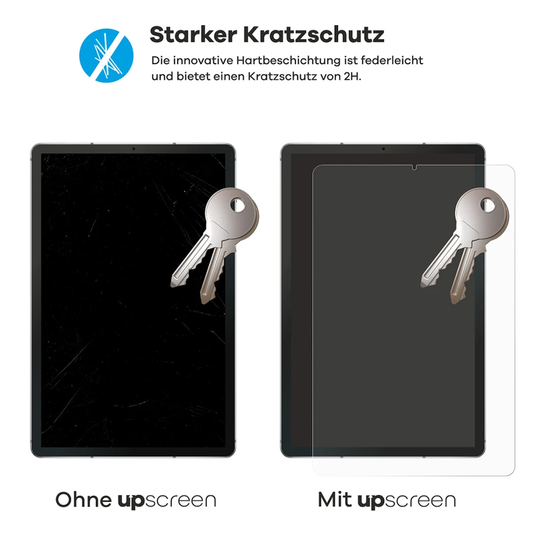 2 Smartphones – eines mit upscreen, eines ohne. Zusätzlich sind je 2 Schlüssel abgebildet. Das Smartphone ohne upscreen ist st