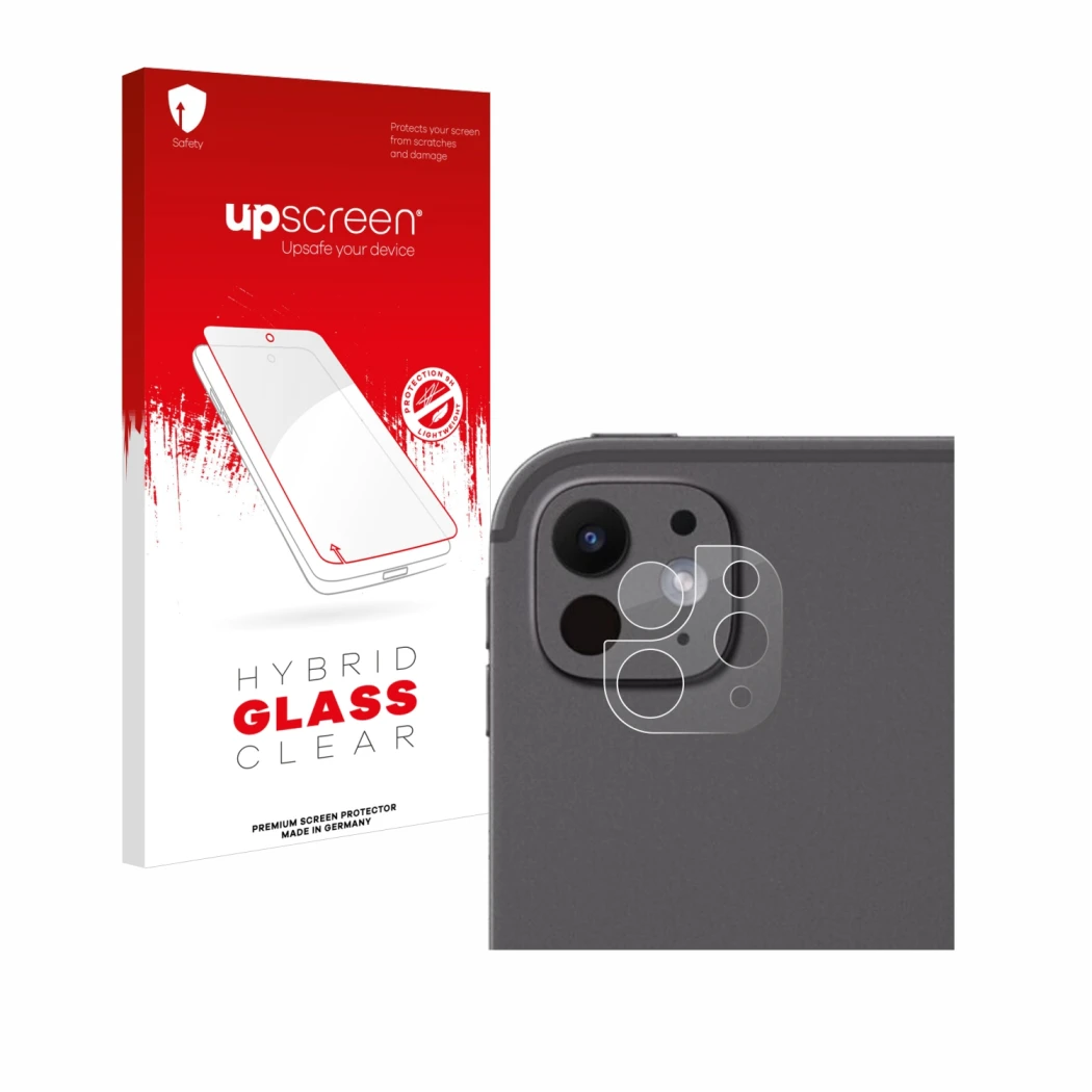 Vorderseite einer Produktverpackung mit dem Markenlogo upscreen. Daneben ist das Gerät Apple iPad Pro 13