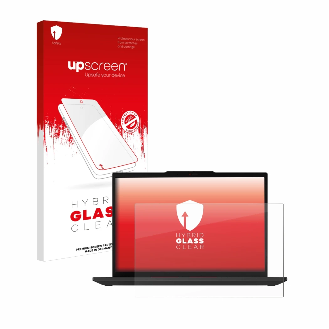 Vorderseite einer Produktverpackung mit dem Markenlogo upscreen. Daneben ist das Gerät Lenovo ThinkPad T14 Gen 5 mit dem zugeh