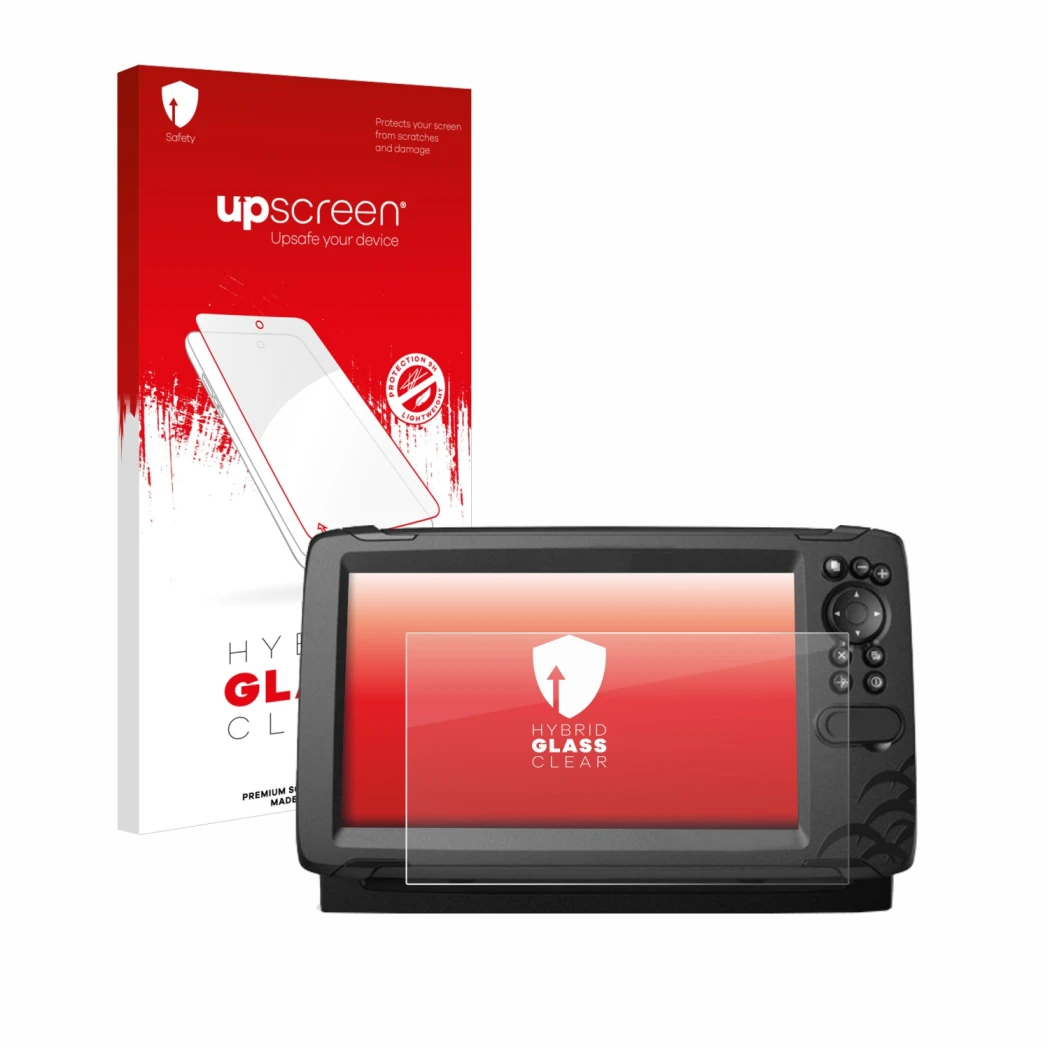 Vorderseite einer Produktverpackung mit dem Markenlogo upscreen. Daneben ist das Gerät Lowrance HOOK Reveal 9 mit dem zugehöri