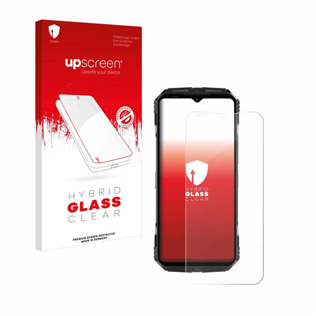 Vorderseite einer Produktverpackung mit dem Markenlogo upscreen. Daneben ist das Gerät Doogee S118 mit dem zugehörigen Display