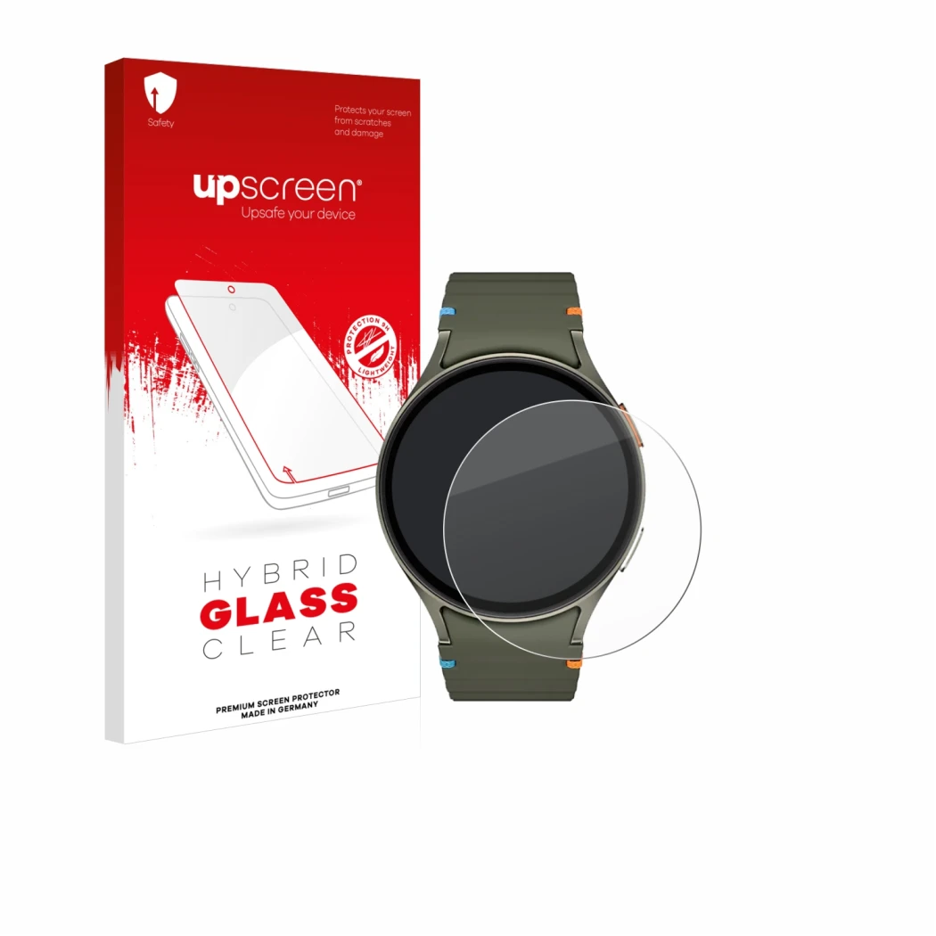 Vorderseite einer Produktverpackung mit dem Markenlogo upscreen. Daneben ist das Gerät Samsung Galaxy Watch 7 (44 mm) mit dem 