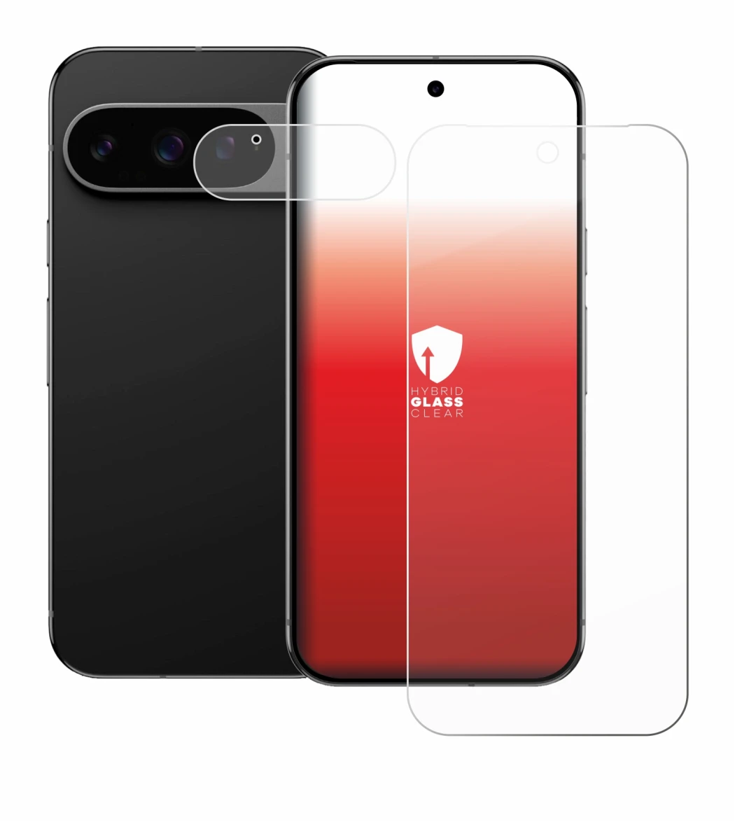 Abbildung des Geräts Google Pixel 9 Pro (Display+Kamera) mit einer Vielzahl des Displayschutzes.