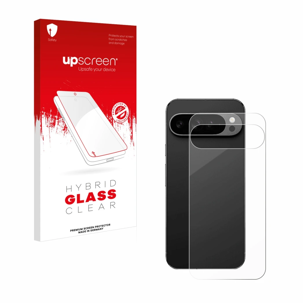 Vorderseite einer Produktverpackung mit dem Markenlogo upscreen. Daneben ist das Gerät Google Pixel 9 Pro XL (Rückseite) mit d