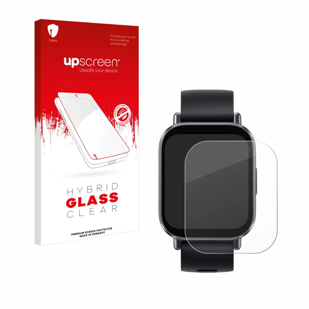 Vorderseite einer Produktverpackung mit dem Markenlogo upscreen. Daneben ist das Gerät Xiaomi Redmi Watch 5 Active mit dem zug