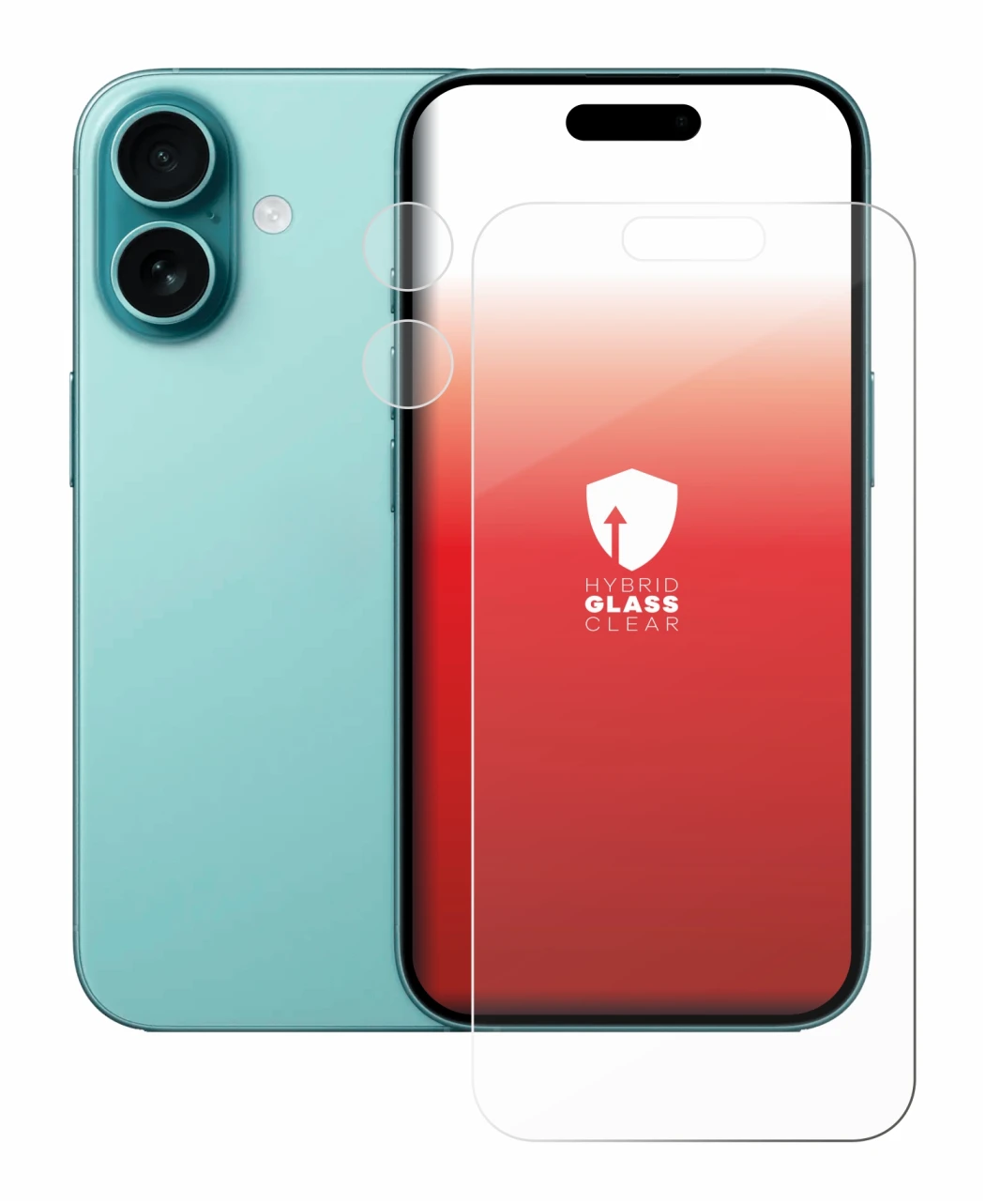 Abbildung des Geräts Apple iPhone 16 (Display+Kamera) mit einer Vielzahl des Displayschutzes.