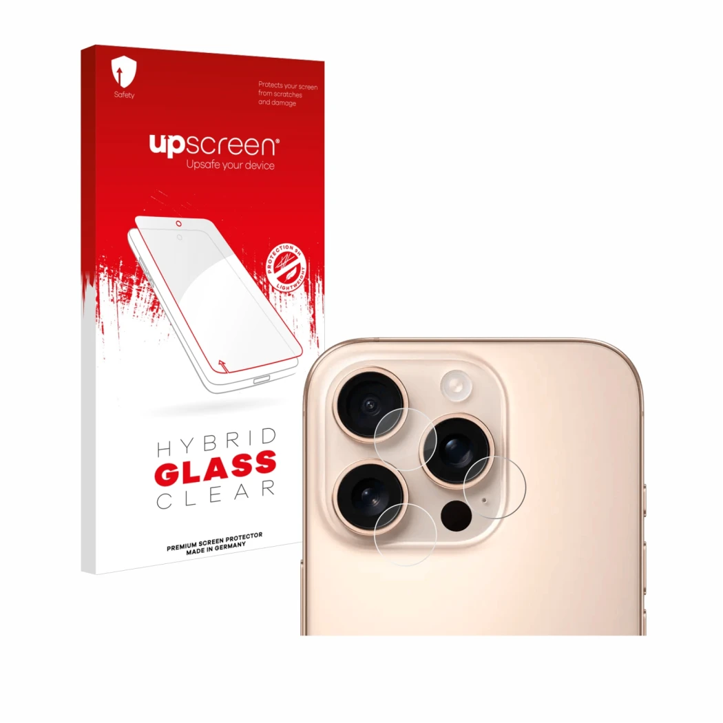 Vorderseite einer Produktverpackung mit dem Markenlogo upscreen. Daneben ist das Gerät Apple iPhone 16 Pro (NUR Kameraschutz) 