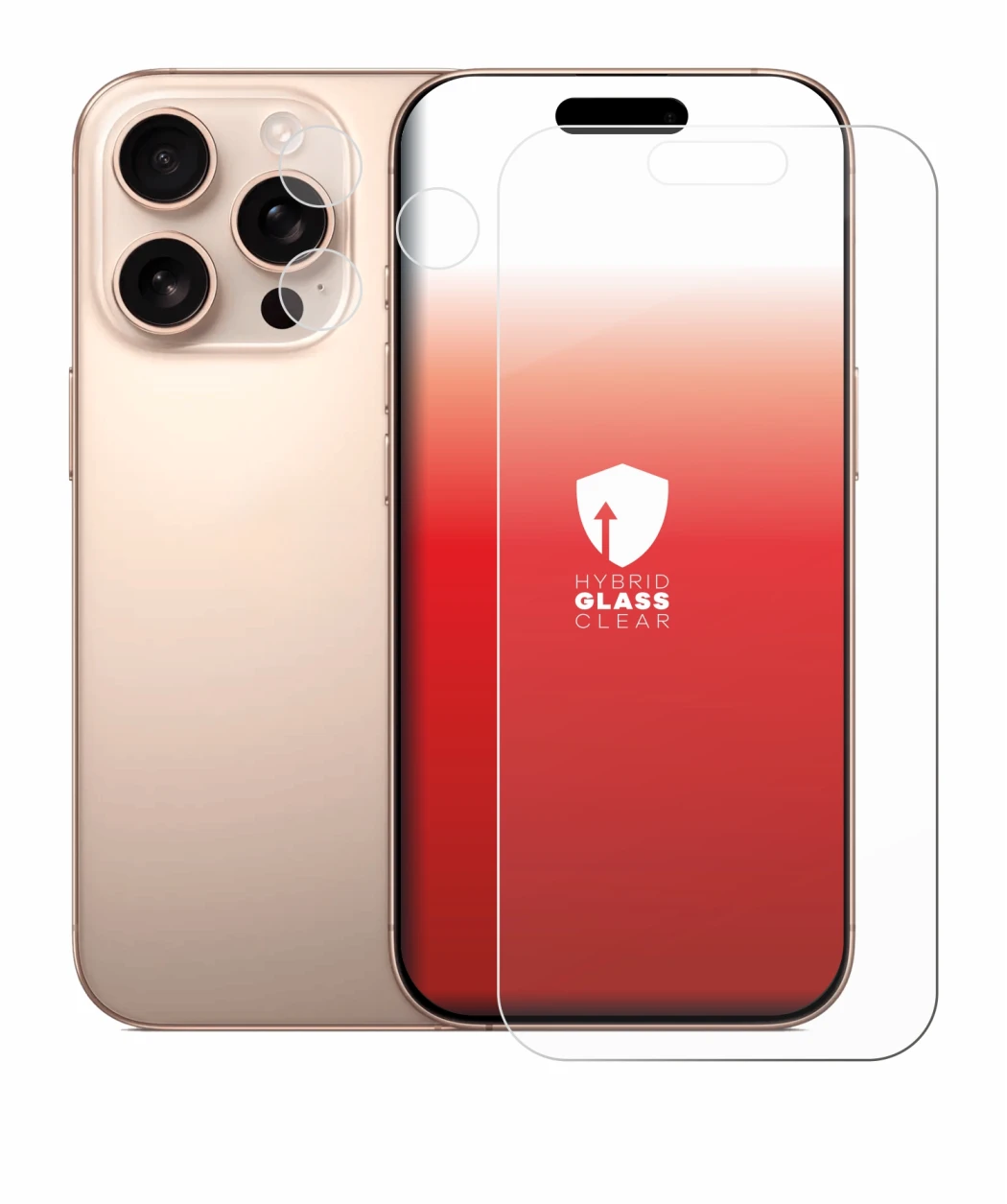 Abbildung des Geräts Apple iPhone 16 Pro (Display+Kamera) mit einer Vielzahl des Displayschutzes.