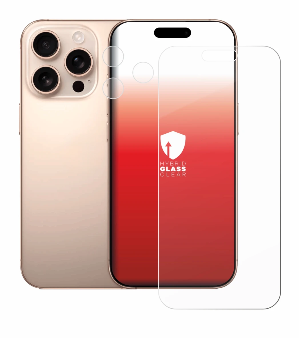 Abbildung des Geräts Apple iPhone 16 Pro Max (Display+Kamera) mit einer Vielzahl des Displayschutzes.