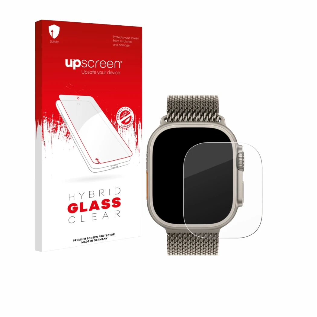 Vorderseite einer Produktverpackung mit dem Markenlogo upscreen. Daneben ist das Gerät Apple Watch Ultra 3 mit dem zugehörigen