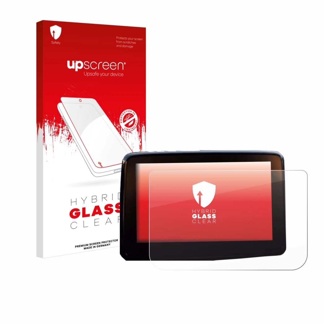 Vorderseite einer Produktverpackung mit dem Markenlogo upscreen. Daneben ist das Gerät Mazda 2 BJ 2024 mit dem zugehörigen Dis