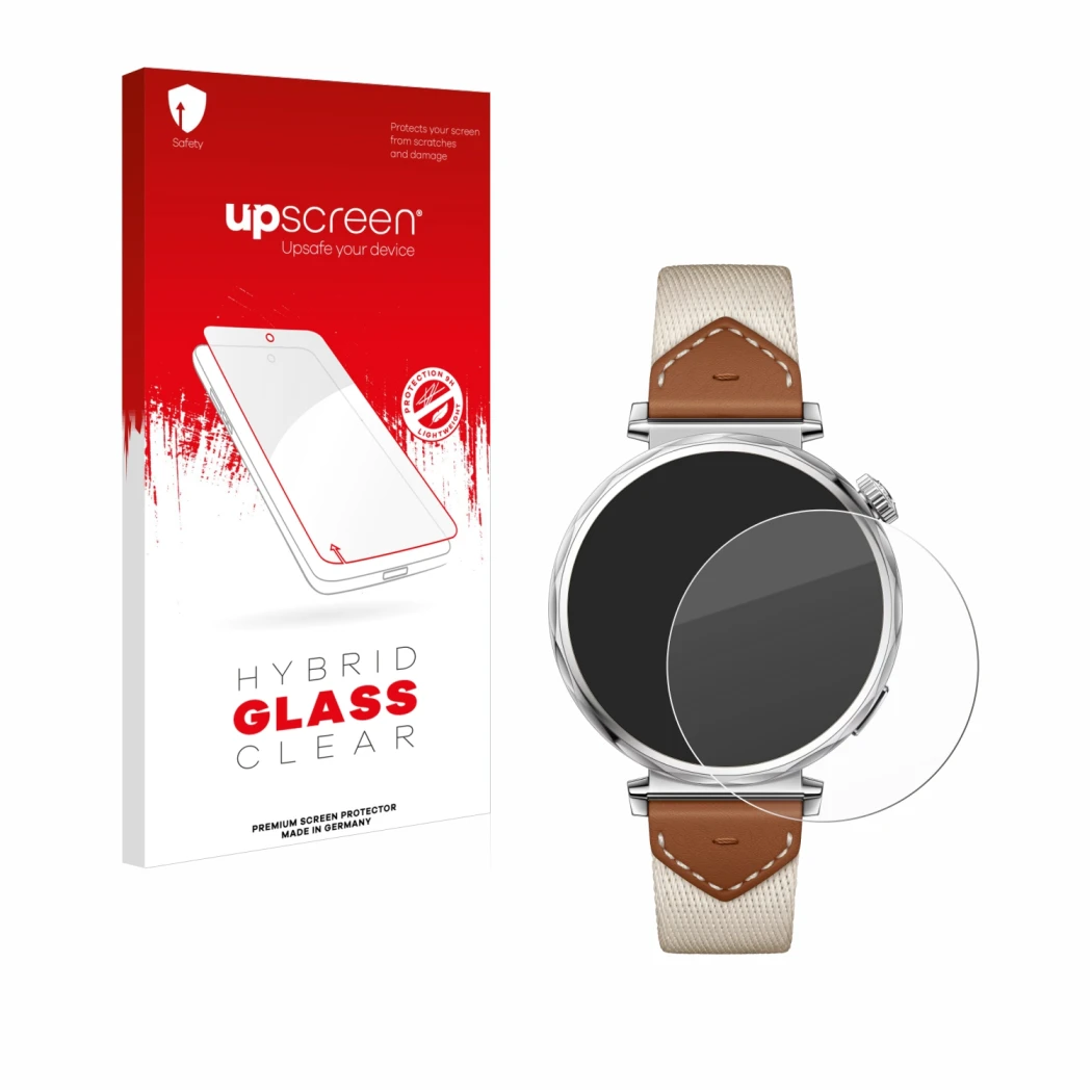 Vorderseite einer Produktverpackung mit dem Markenlogo upscreen. Daneben ist das Gerät Huawei Watch GT 5 (41 mm) mit dem zugeh