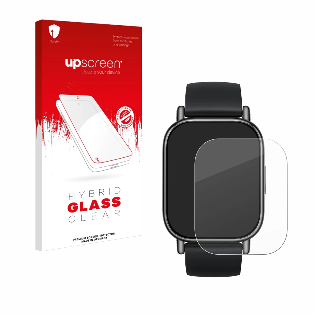 Vorderseite einer Produktverpackung mit dem Markenlogo upscreen. Daneben ist das Gerät Xiaomi Redmi Watch 5 Lite mit dem zugeh