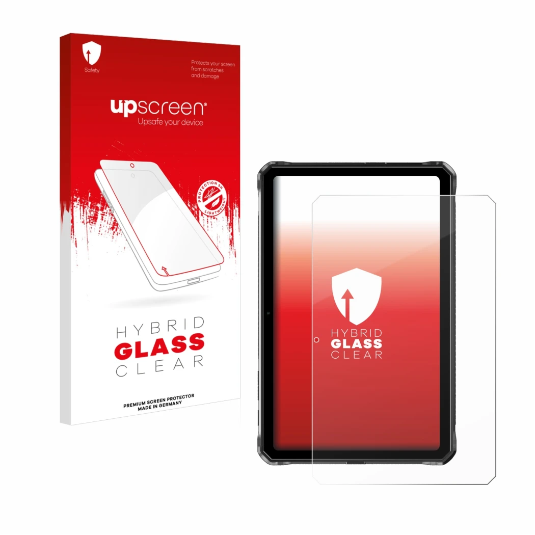 Vorderseite einer Produktverpackung mit dem Markenlogo upscreen. Daneben ist das Gerät Doogee R10 mit dem zugehörigen Displays