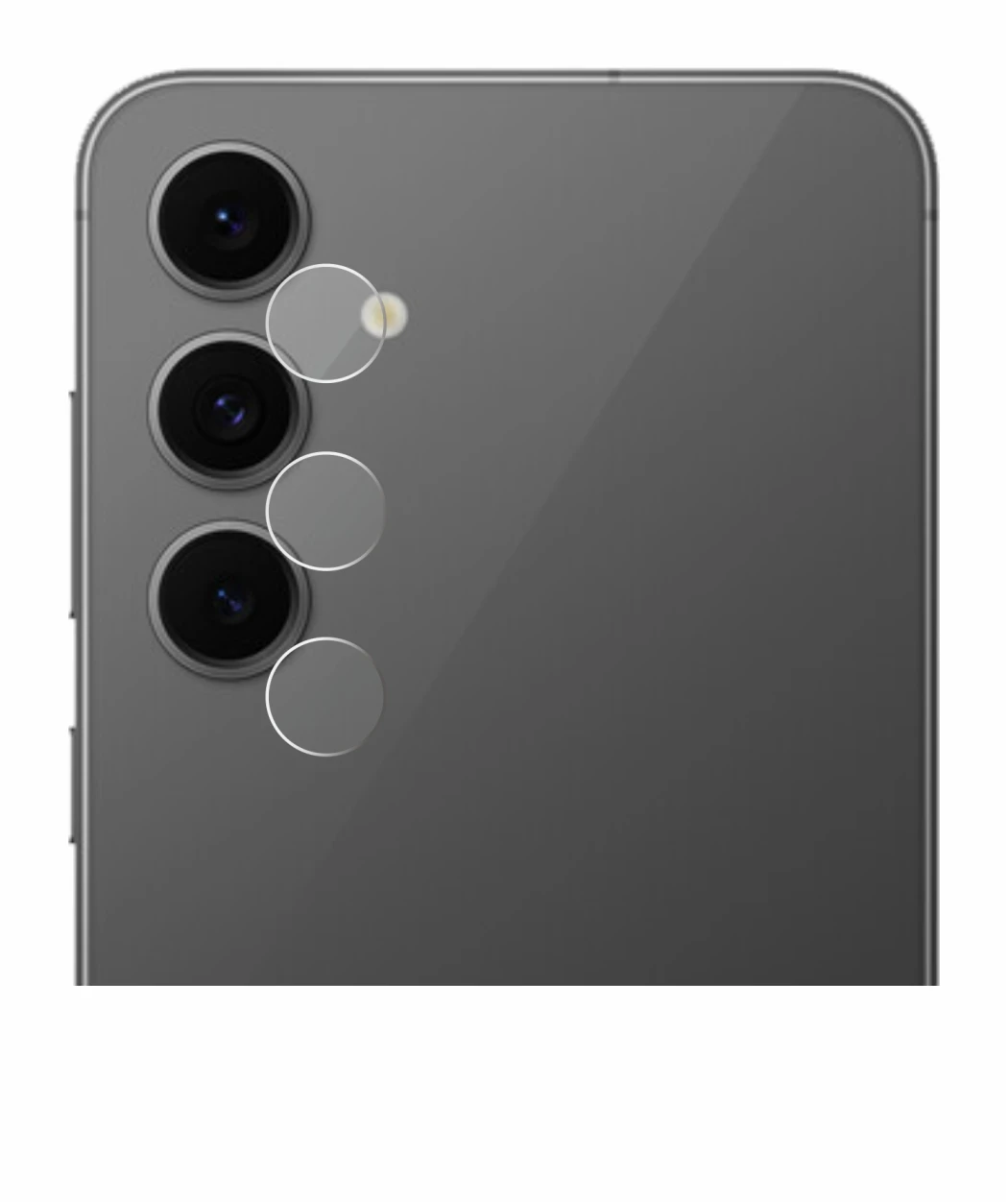 Abbildung des Geräts Samsung Galaxy S24 FE (NUR Kameraschutz) mit einer Vielzahl des Displayschutzes.