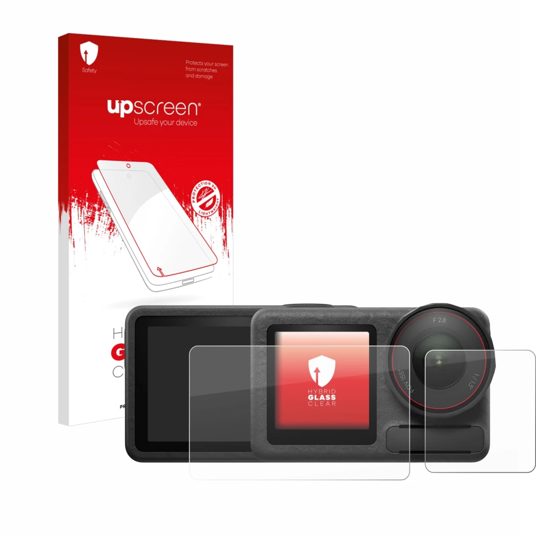 Vorderseite einer Produktverpackung mit dem Markenlogo upscreen. Daneben ist das Gerät DJI Osmo Action 5 Pro (case-friendly) m