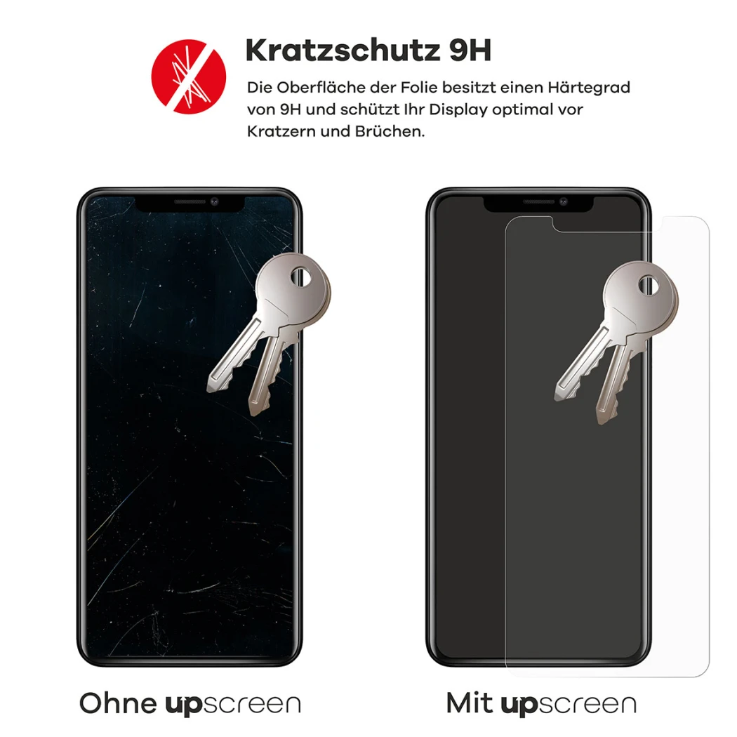 2 Geräte – eines mit upscreen, eines ohne. Zusätzlich sind je 2 Schlüssel abgebildet. Das Gerät ohne upscreen ist stark verkra
