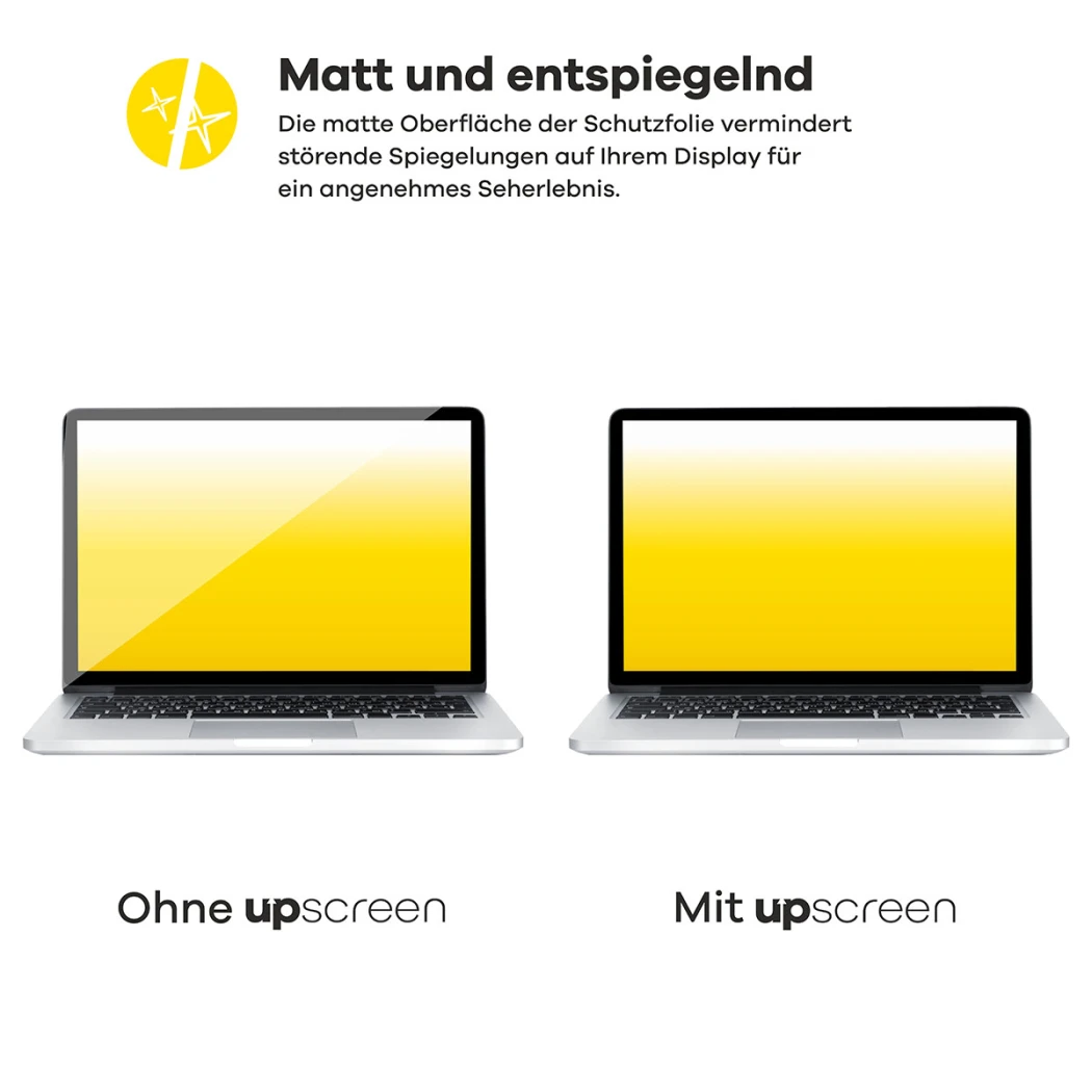 Zwei Geräte im Vergleich – links mit starker Bildschirmreflexion, rechts entspiegelt durch upscreen-Schutzfolie. Text: 