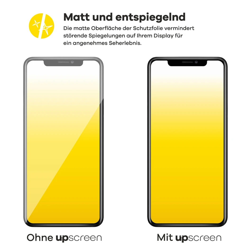 Zwei Geräteim Vergleich – links mit starker Bildschirmreflexion, rechts entspiegelt durch upscreen-Schutzfolie. Text: 