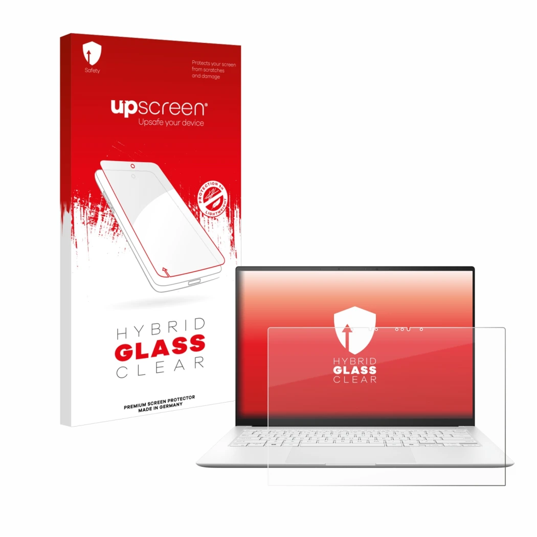 Vorderseite einer Produktverpackung mit dem Markenlogo upscreen. Daneben ist das Gerät ASUS ZenBook S 14 UX5406 mit dem zugehö