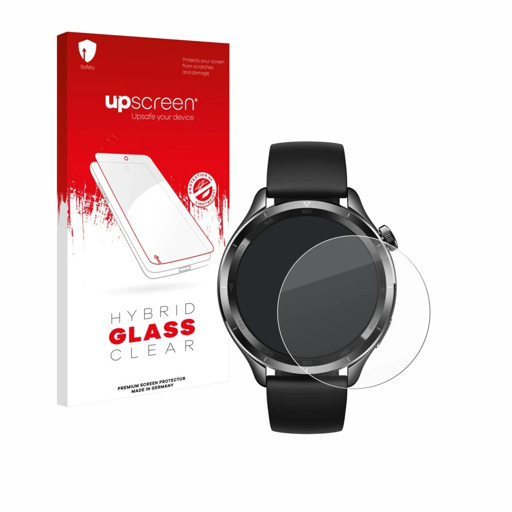 Vorderseite einer Produktverpackung mit dem Markenlogo upscreen. Daneben ist das Gerät Xiaomi Watch S4 (47 mm) mit dem zugehör