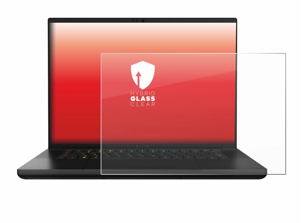 Abbildung des Geräts Razer Blade 16 2024 mit einer Vielzahl des Displayschutzes.